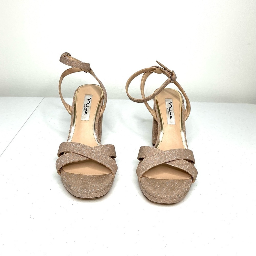 Nina Sheila Ankle Strap Platform Sandal Women Sz 7 Gold Sparkle Holiday Wedding